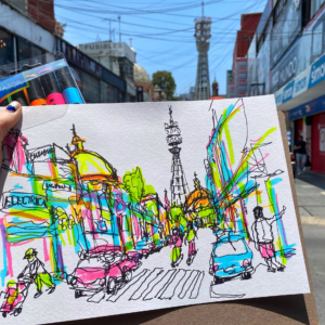 Chinatown CDMX, continuous line sketch by Meagan Burns